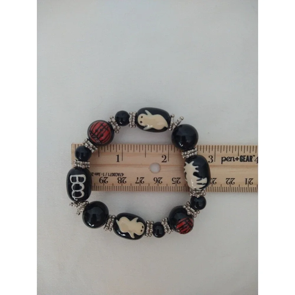 Halloween Black Lampwork Glass Beaded Stretch Bracelet Pumpkin Witch Ghost Boo